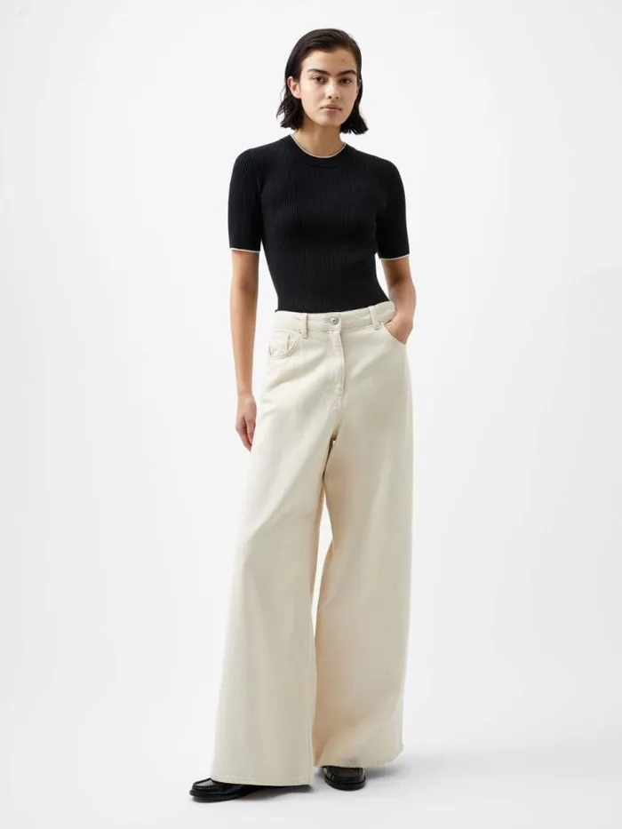 French Connection Mozza Short Sleeve Jumper Blackoutclass Cream Women Jumpers and Cardigans