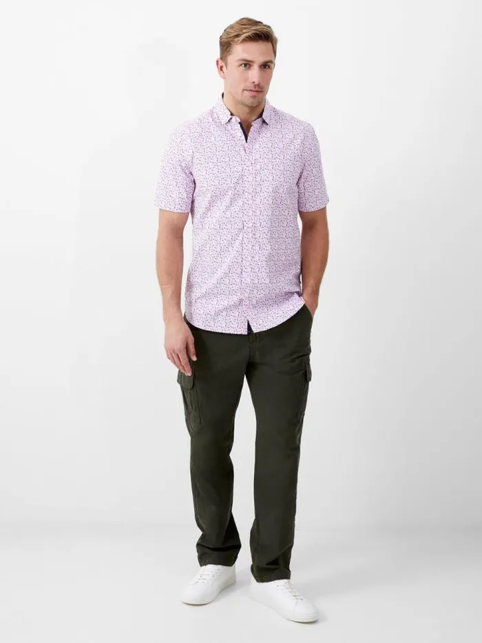 French Connection Patterned Short Sleeve Navy Trim Shirt Flora Pink Men Shirts