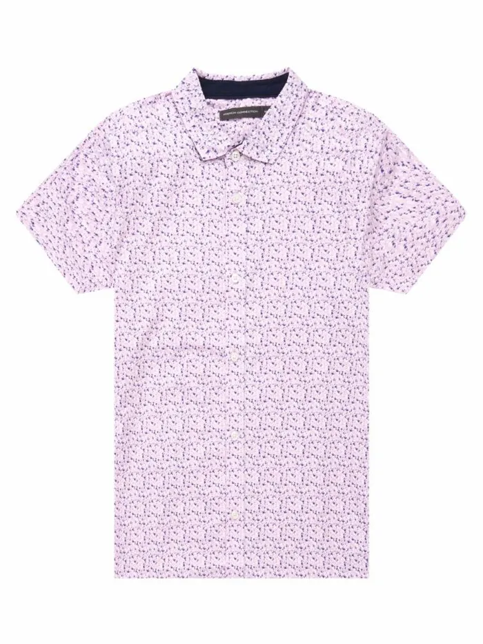 French Connection Patterned Short Sleeve Navy Trim Shirt Flora Pink Men Shirts