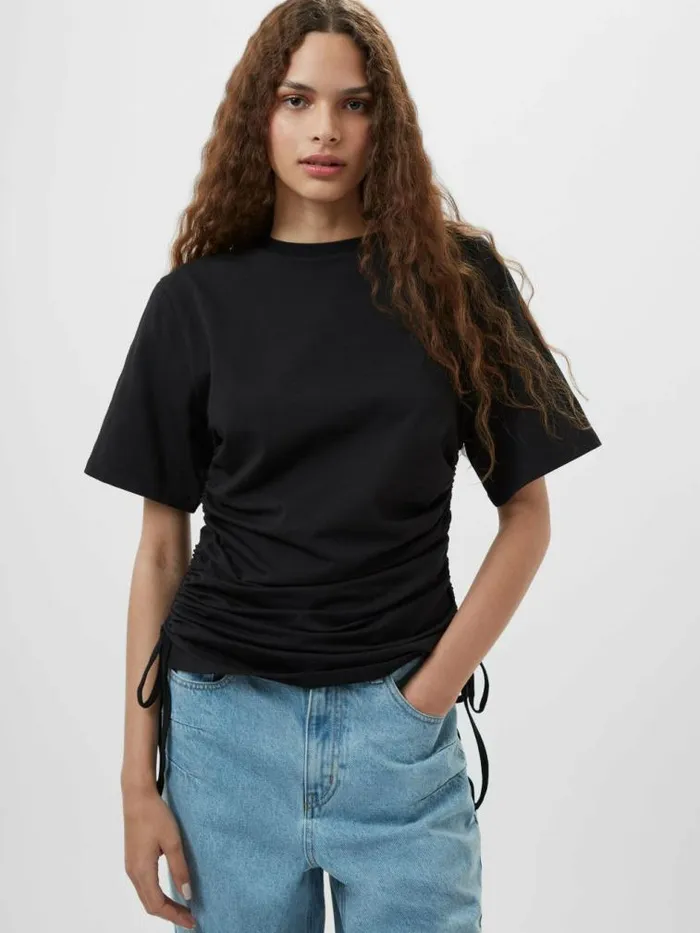 French Connection Rallie Ruched Drawstring TShirt Black Women Tops