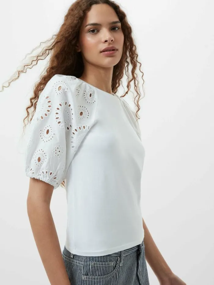 French Connection Rosana Anglaise Puff Sleeve Top Linen White Women Tops