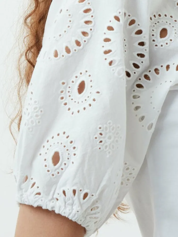 French Connection Rosana Anglaise Puff Sleeve Top Linen White Women Tops