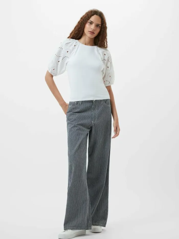 French Connection Rosana Anglaise Puff Sleeve Top Linen White Women Tops