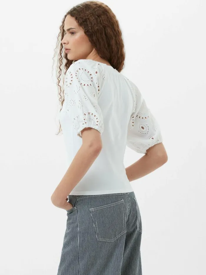 French Connection Rosana Anglaise Puff Sleeve Top Linen White Women Tops