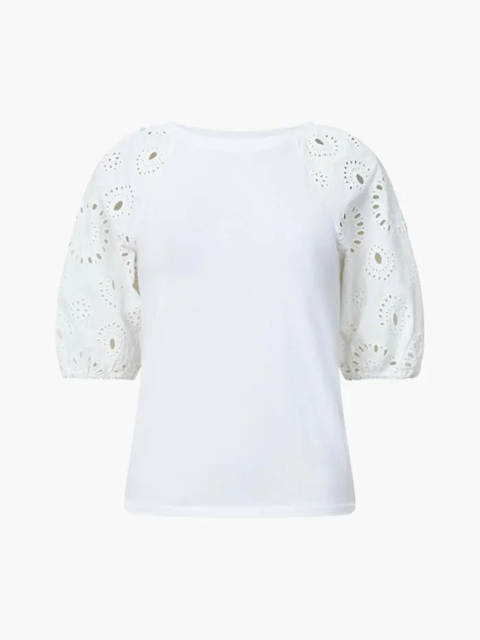 French Connection Rosana Anglaise Puff Sleeve Top Linen White Women Tops