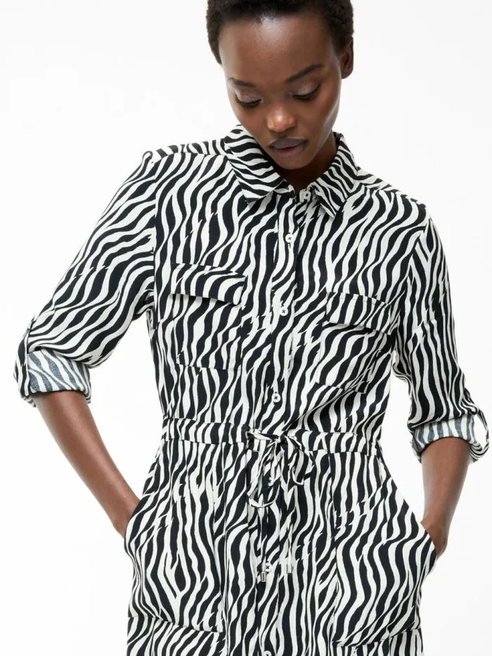 French Connection Seine Zebra Tie Shirt Dress Blackclassic Cream Women Dresses