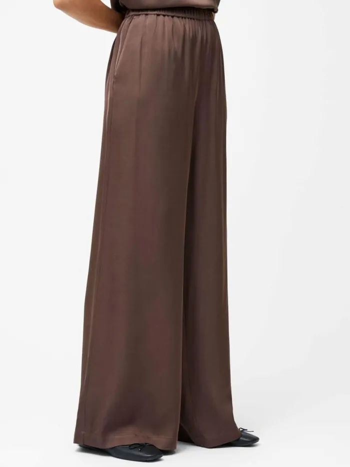French Connection Sera Eco Satin Elasticated Wide Leg Trousers Walnut Brown Women Trousers