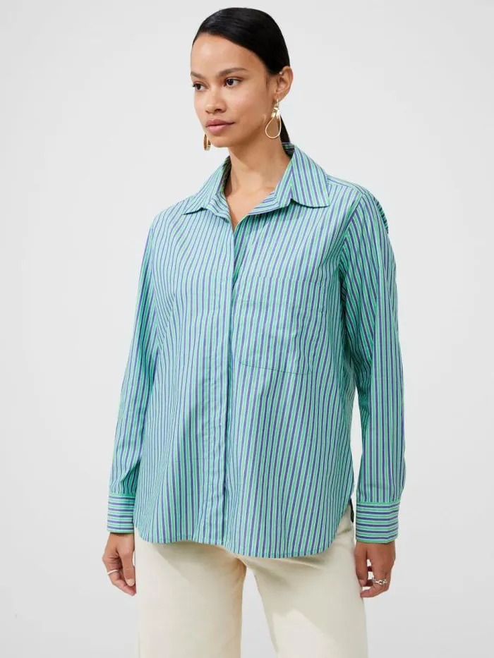French Connection Stripe Poplin Boyfriend Shirt Grnbluwht Stripe Women Tops