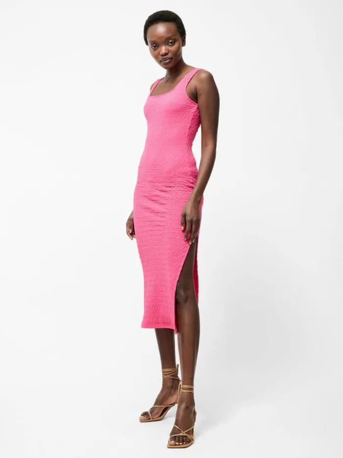 French Connection Textured Square Neck Maxi Dress Raspberry Sorbet Women Dresses