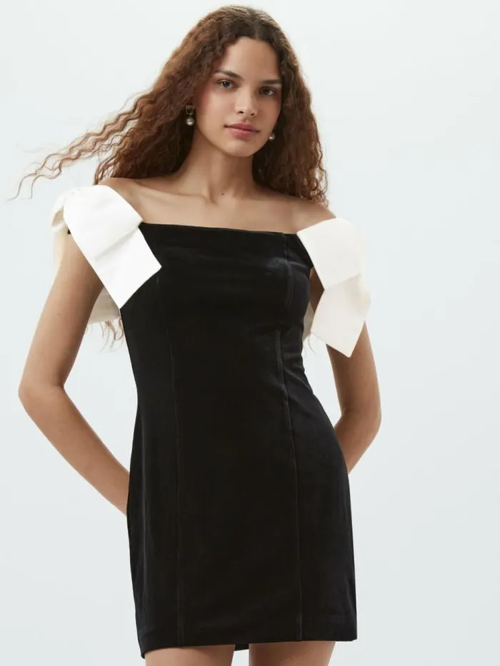 French Connection Velvet Carey Satin Bow Mini Dress Blackporcelain Crea Women Dresses French Connection Velvet Carey Satin Bow Mini Dress Blackporcelain Crea Women Dresses