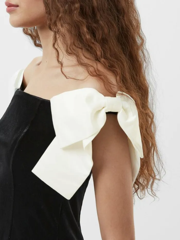 French Connection Velvet Carey Satin Bow Mini Dress Blackporcelain Crea Women Dresses