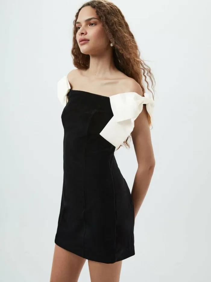 French Connection Velvet Carey Satin Bow Mini Dress Blackporcelain Crea Women Dresses