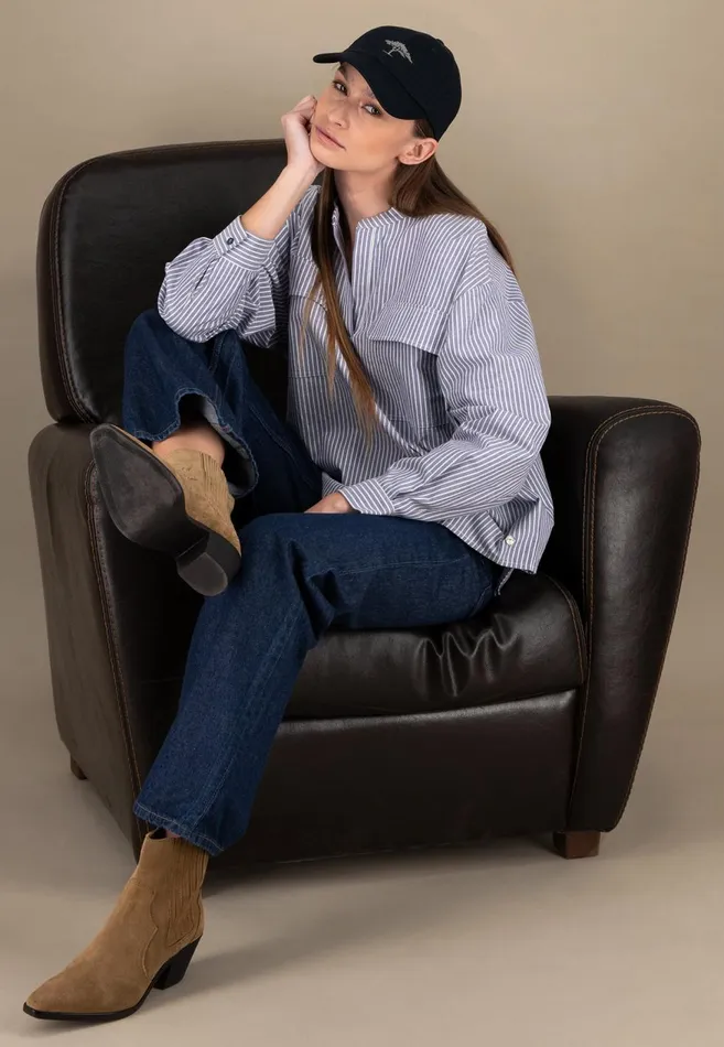 FYNCHHATTON Cotton Blouse With Subtle Strip Pattern Blue Purple Women Blouses