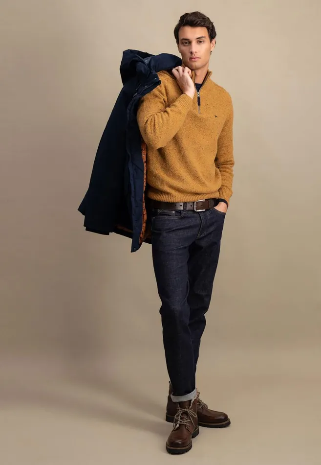 FYNCHHATTON Donegal Knitting Sweaters With Troyer Collar Steelwinter Whitenavynew Dijonflamecloud Blue Men Sweater