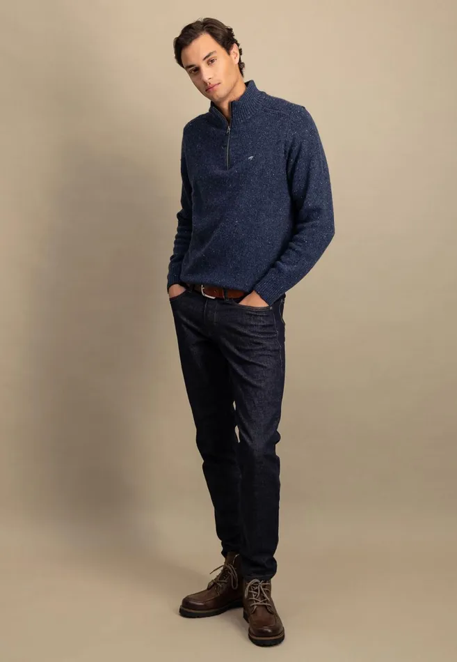 FYNCHHATTON Donegal Knitting Sweaters With Troyer Collar Steelwinter Whitenavynew Dijonflamecloud Blue Men Sweater
