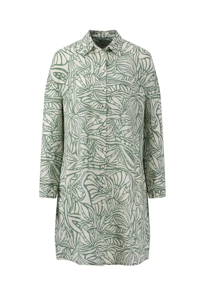FYNCHHATTON Linen Shirt Dress With Botanical Print Reed Greensafari Beige Women Dresses