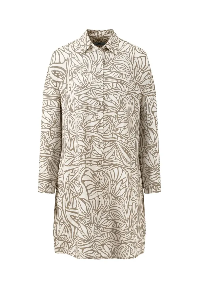 FYNCHHATTON Linen Shirt Dress With Botanical Print Reed Greensafari Beige Women Dresses