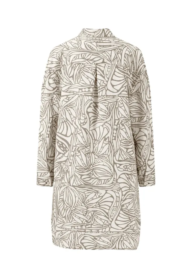 FYNCHHATTON Linen Shirt Dress With Botanical Print Reed Greensafari Beige Women Dresses