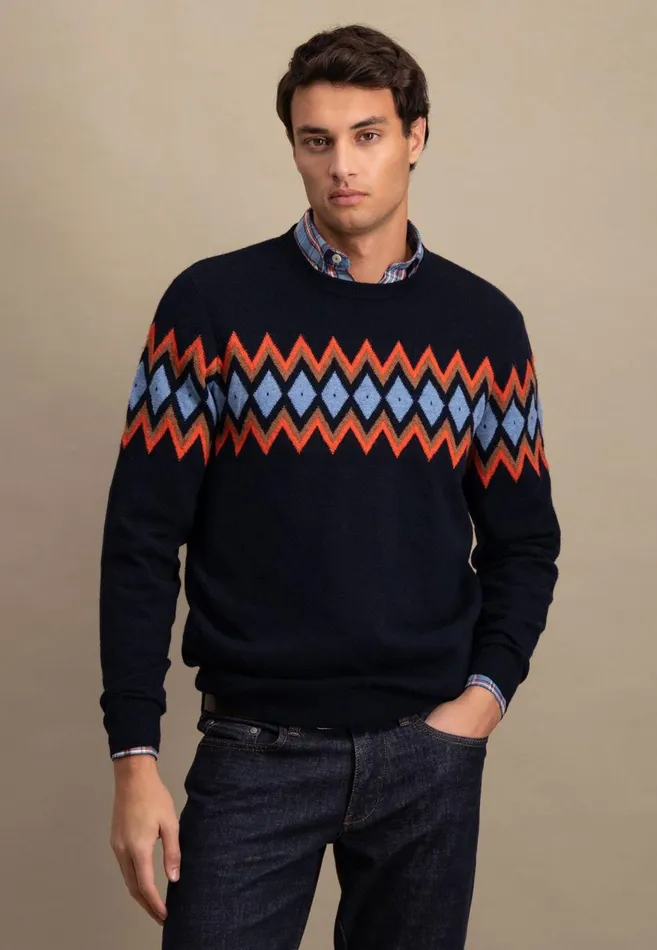 FYNCHHATTON Merinocashmere Knitting Sweater With Diamond Look Navy Men Sweater