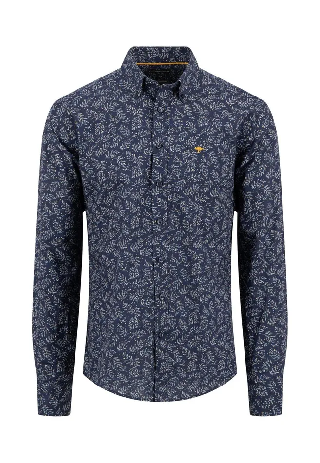 FYNCHHATTON Shirt With Minimal Print And Buttondown Collar Winter Whitehazeldark Navynavydark Blue Men Shirts