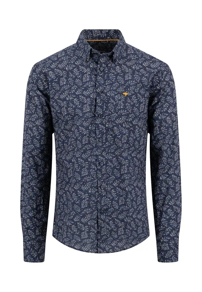 FYNCHHATTON Shirt With Minimal Print And Buttondown Collar Winter Whitehazeldark Navynavydark Blue Men Shirts