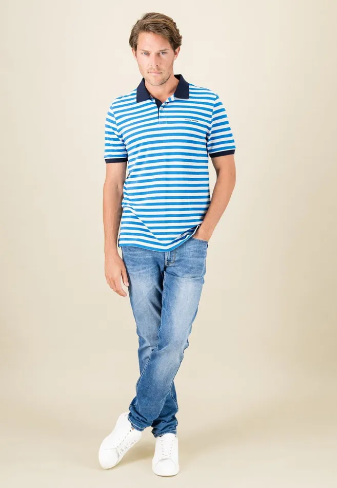FYNCHHATTON Striped Polo Shirt With Contrast Details Vibrant Bluerustnavylight Khaki Men Polo Shirt