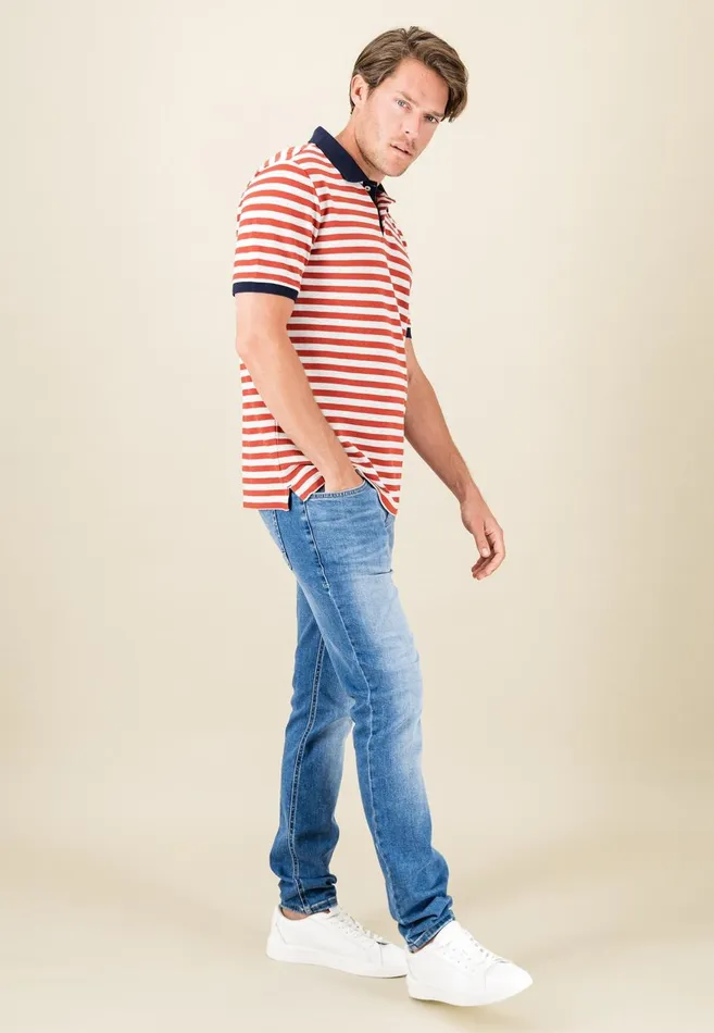 FYNCHHATTON Striped Polo Shirt With Contrast Details Vibrant Bluerustnavylight Khaki Men Polo Shirt