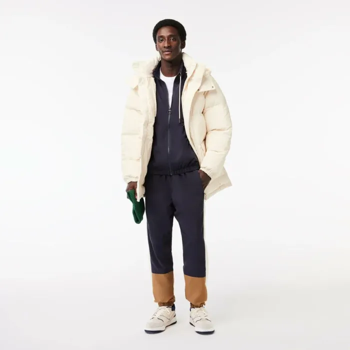 Jackets and Coats Men Lacoste Men039s Removable Hood Midi Puffer Jacket Cream Xfj