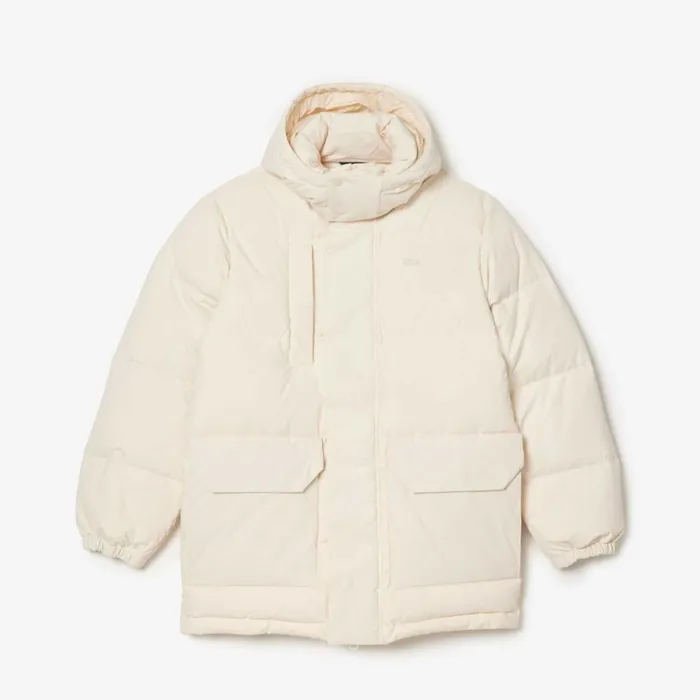 Jackets and Coats Men Lacoste Men039s Removable Hood Midi Puffer Jacket Cream Xfj