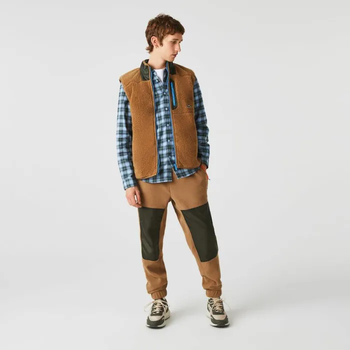 Jackets and Coats Men Lacoste Men039s Sherpa Fleece Vest Brown Khaki Green 89f