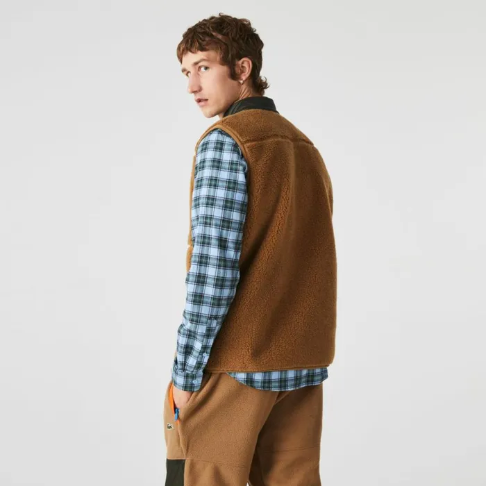 Jackets and Coats Men Lacoste Men039s Sherpa Fleece Vest Brown Khaki Green 89f