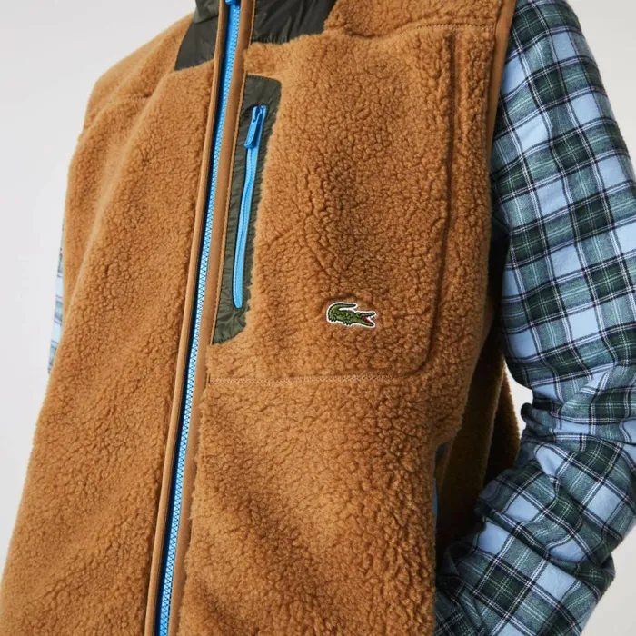 Jackets and Coats Men Lacoste Men039s Sherpa Fleece Vest Brown Khaki Green 89f