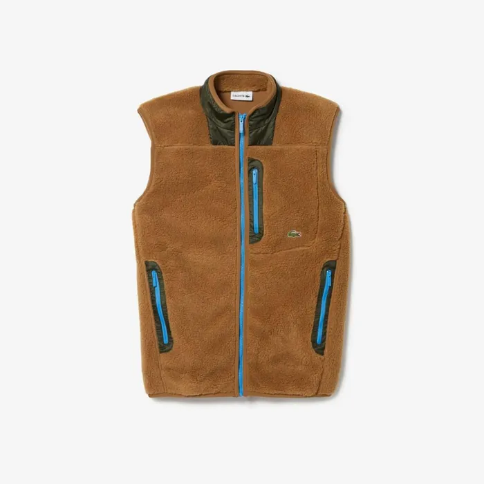 Jackets and Coats Men Lacoste Men039s Sherpa Fleece Vest Brown Khaki Green 89f