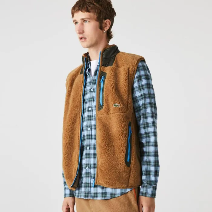 Jackets and Coats Men Lacoste Men039s Sherpa Fleece Vest Brown Khaki Green 89f