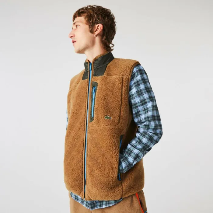 Jackets and Coats Men Lacoste Men039s Sherpa Fleece Vest Brown Khaki Green 89f