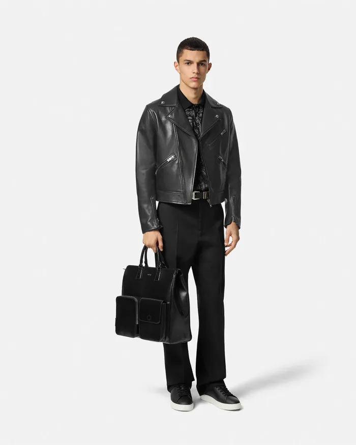 Jackets and Coats Men Versace Leather Biker Jacket Black