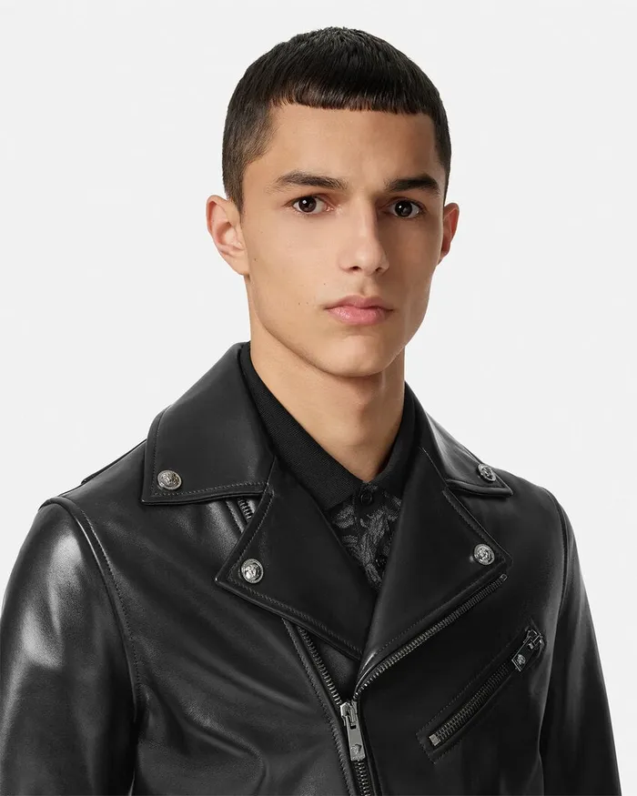 Jackets and Coats Men Versace Leather Biker Jacket Black