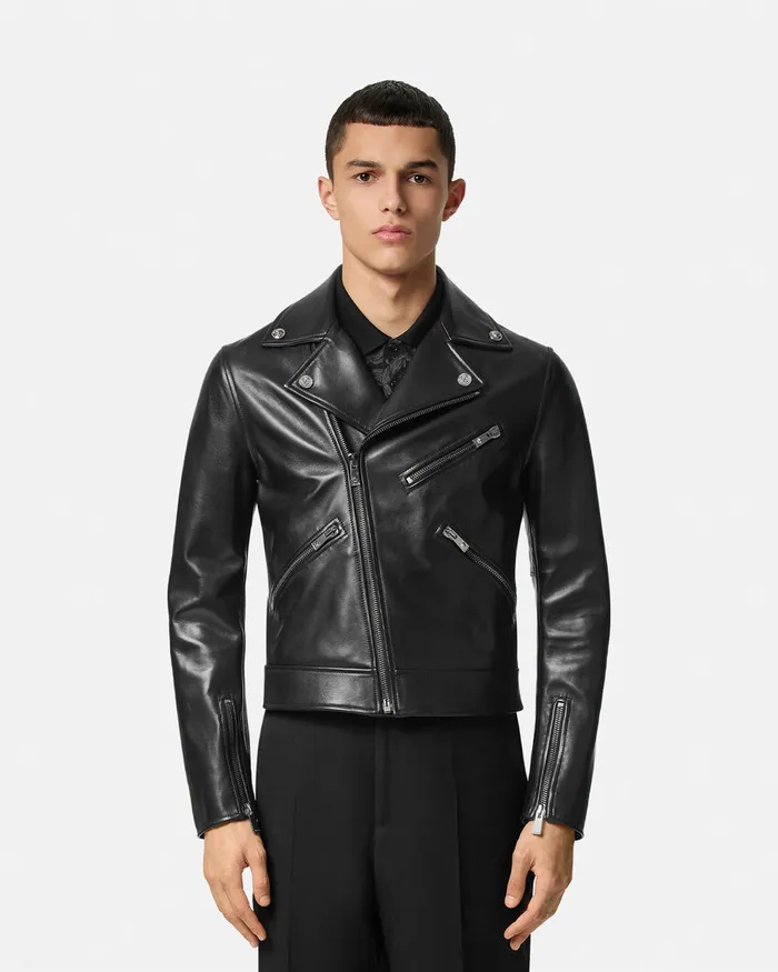 Jackets and Coats Men Versace Leather Biker Jacket Black