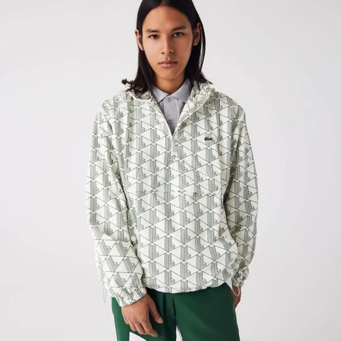Jackets and Coats MenWomen Lacoste Unisex Lacoste LIVE Monogram Patterned Pullover Windbreaker White Green Pt2