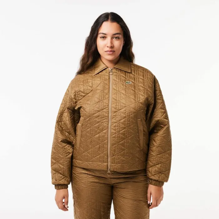 Jackets and Coats Women Lacoste Women039s Short Padded ZipUp Monogram Print Jacket Brown Six