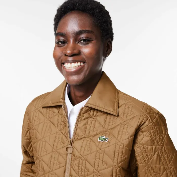 Jackets and Coats Women Lacoste Women039s Short Padded ZipUp Monogram Print Jacket Brown Six