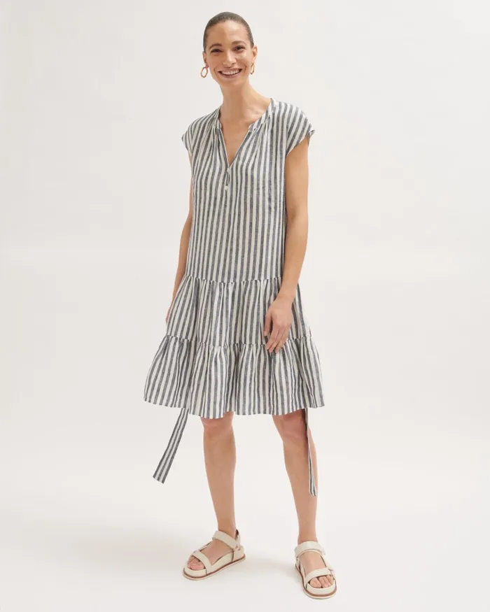 Jigsaw Dresses and Jumpsuits Women Linen Stripe Short Dress Blue