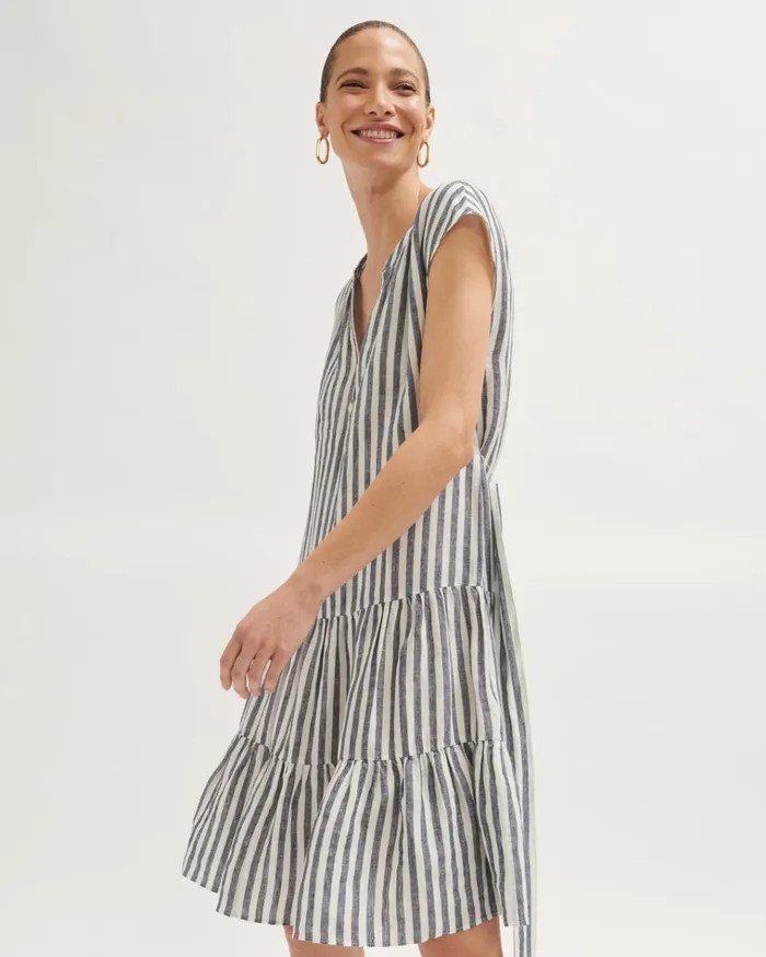 Jigsaw Dresses and Jumpsuits Women Linen Stripe Short Dress Blue