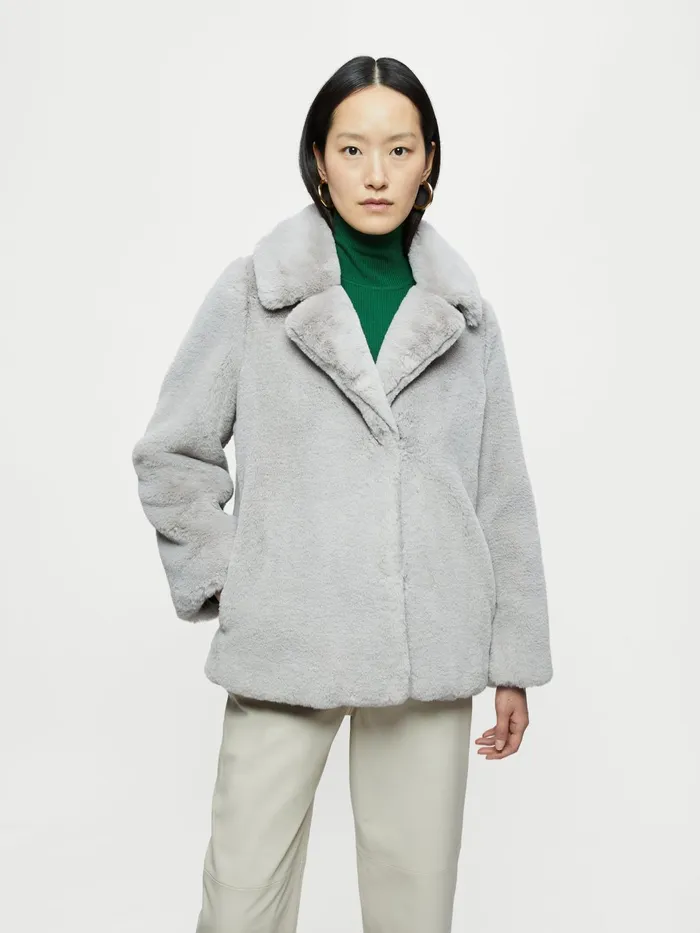Jigsaw Jackets Women Faux Fur Boxy Short Coat Grey