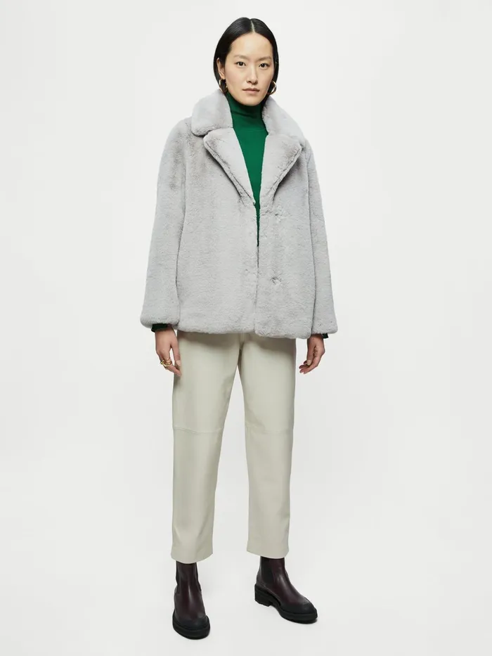 Jigsaw Jackets Women Faux Fur Boxy Short Coat Grey