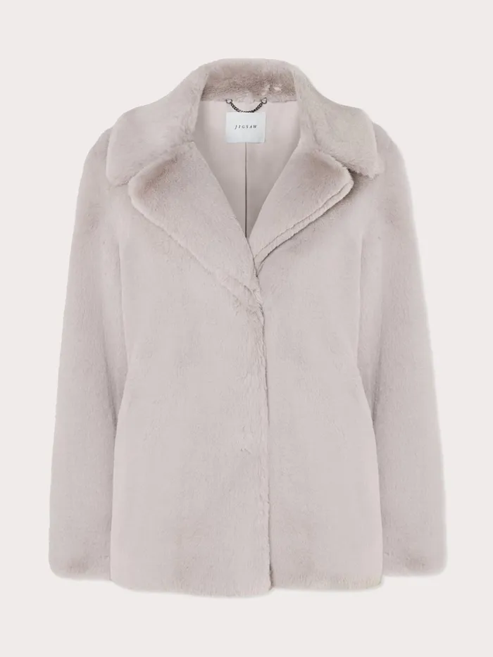 Jigsaw Jackets Women Faux Fur Boxy Short Coat Grey