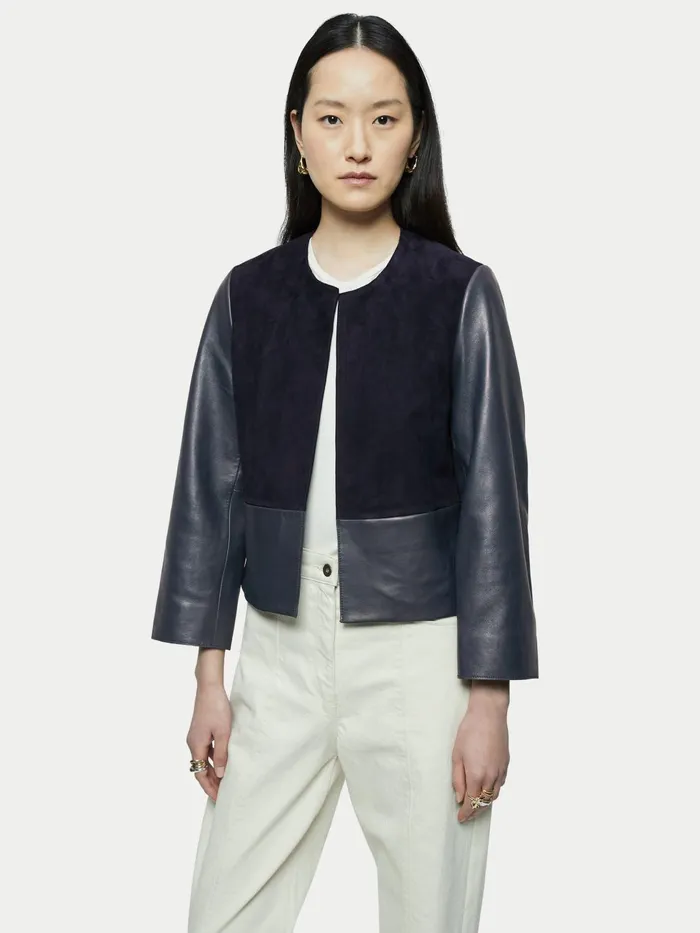 Jigsaw Jackets Women Nakoa Leather Mix Jacket Blue