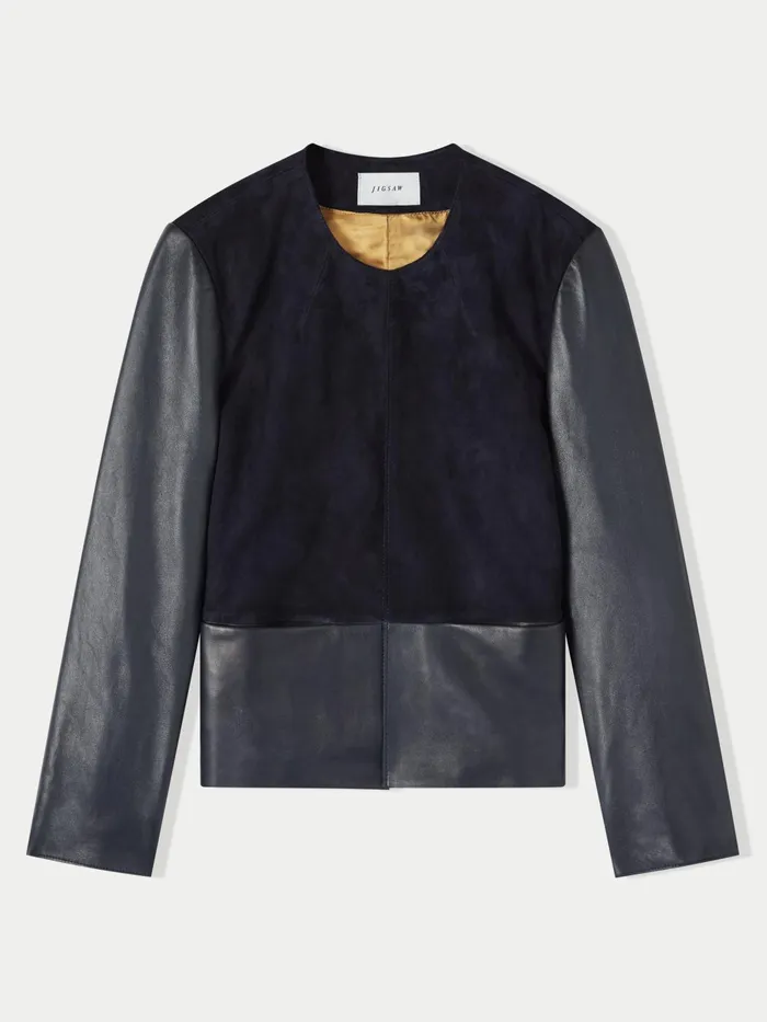 Jigsaw Jackets Women Nakoa Leather Mix Jacket Blue