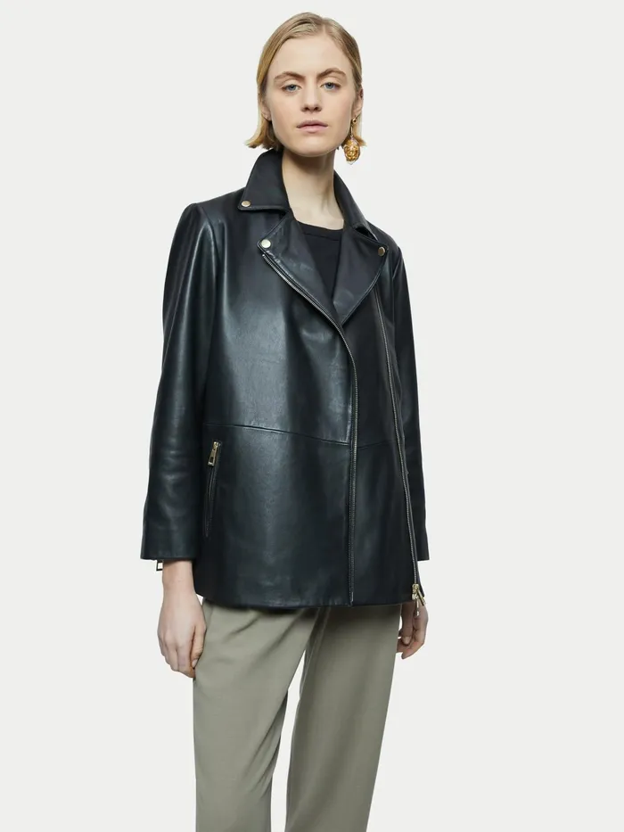 Jigsaw Jackets Women Sanford Long Leather Biker Black