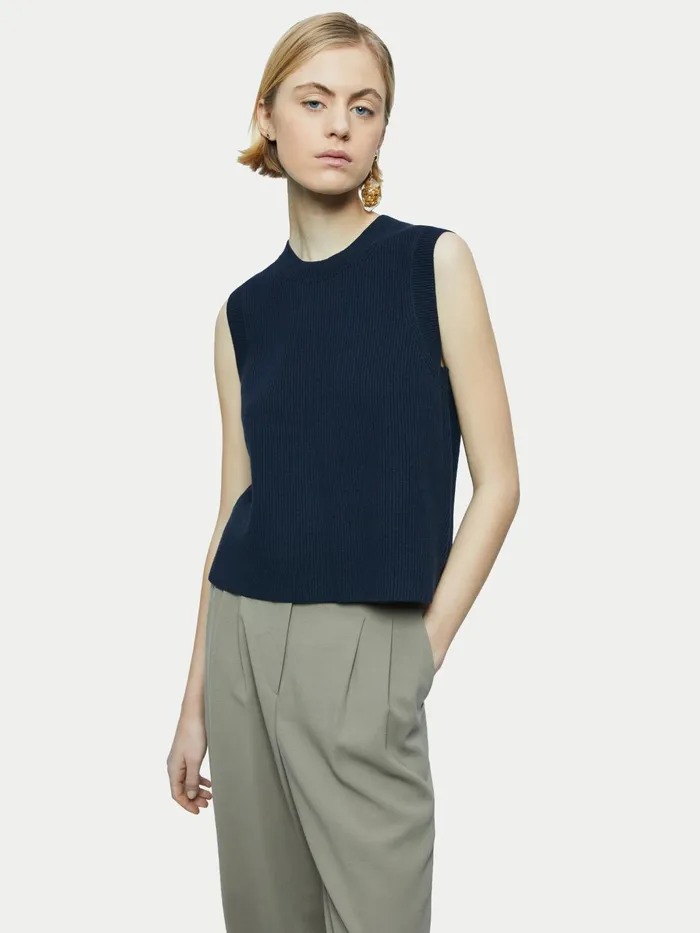 Jigsaw Knitwear and Cashmere Women Cotton Blend Knit Crew Tank Blue